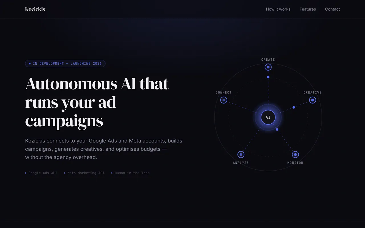 ai-ads.kozickis.com homepage, a product landing page