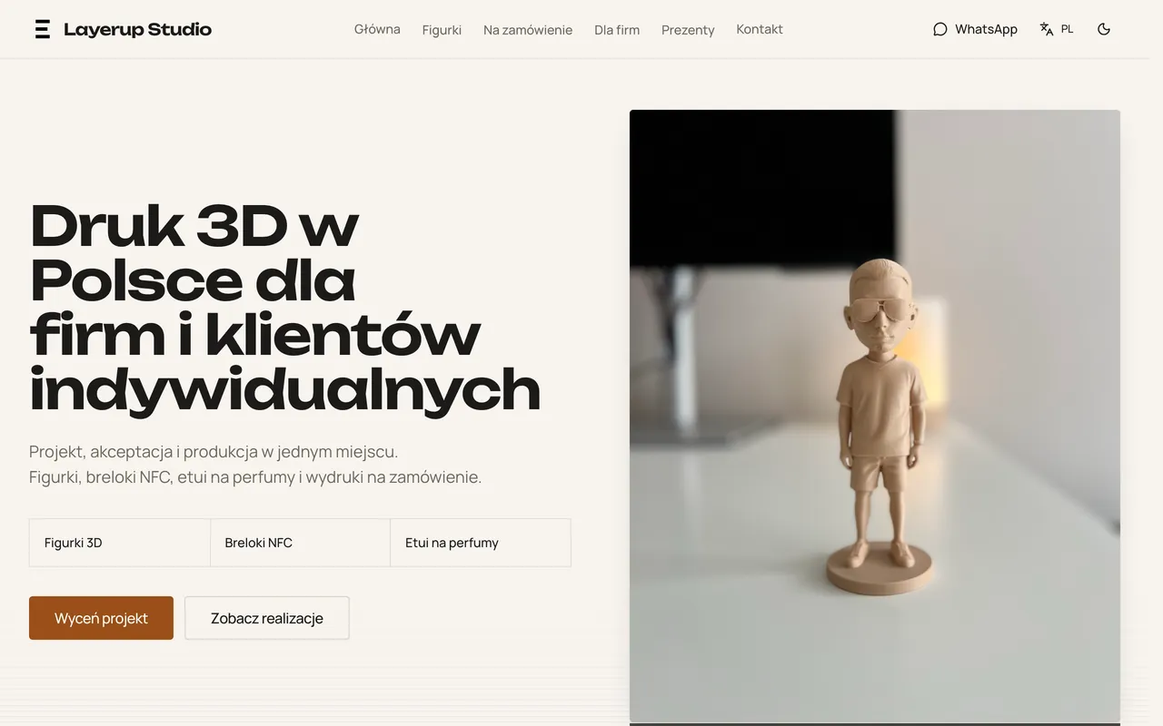 layerupstudio.pl homepage, a 3D-printing studio site