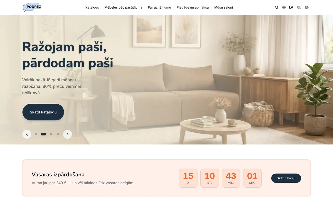 podrez.lv homepage, an online store